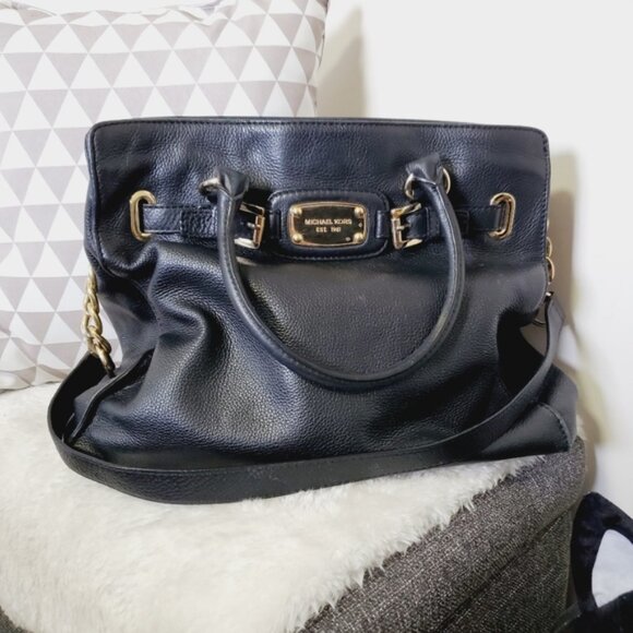 Michael Kors Satchel East West Hamilton Black Pebble Leather Bag Crossbody Strap - Picture 2 of 9